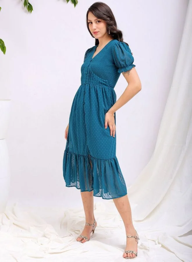 Freehand  Women Fit and Flared Solid V-Neck Short Sleeve Tiered Dress for Women | Best Price UAE