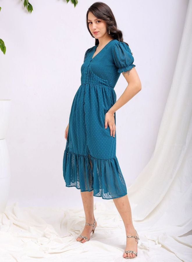 Freehand Women Fit and Flared Solid V-Neck Short Sleeve Tiered Dress - Image 5