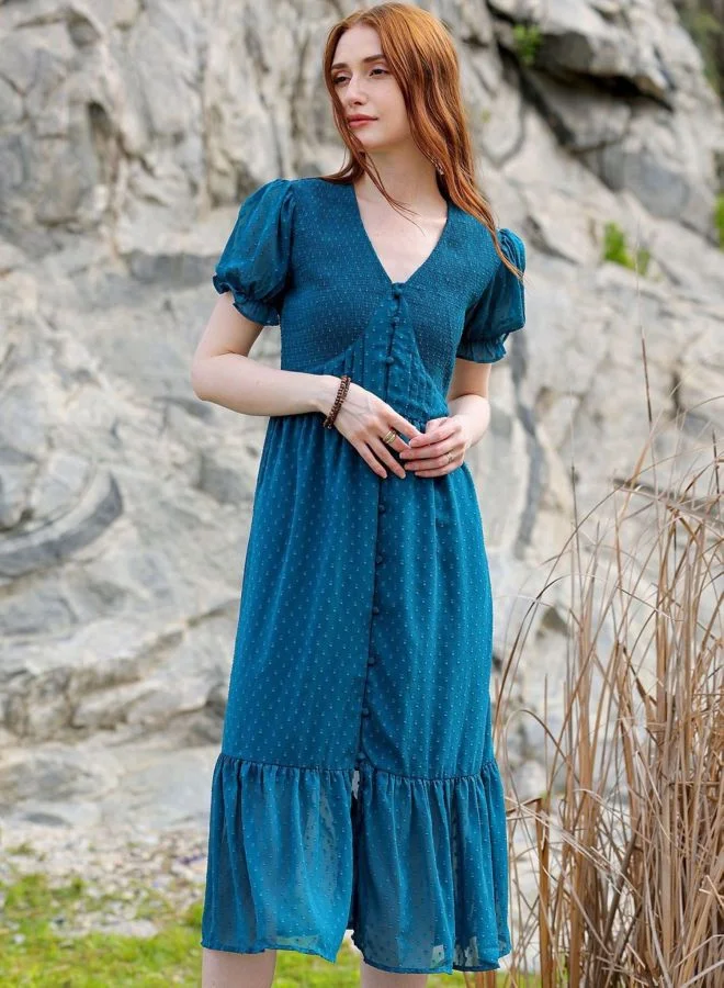 Freehand  Women Fit and Flared Solid V-Neck Short Sleeve Tiered Dress for Women | Best Price UAE
