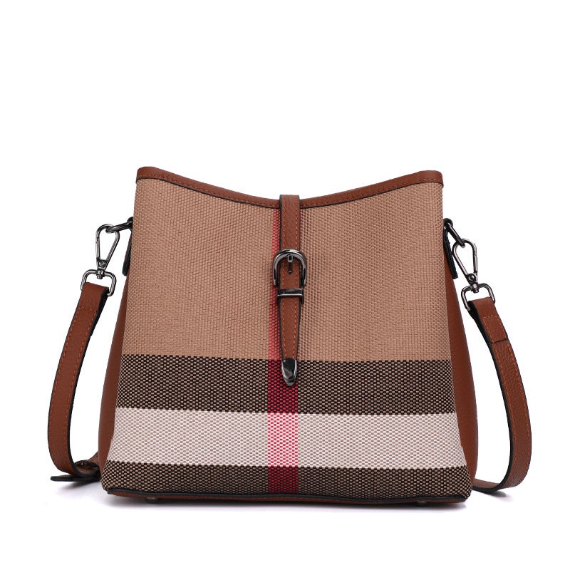 Qiandian Internet Celebrity High-End Canvas Plaid Bucket Bag For Women Double Shoulder Strap Fashion Versatile Single Shoulder Crossbody Bag - Image 1