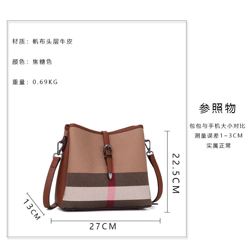Qiandian Internet Celebrity High-End Canvas Plaid Bucket Bag For Women Double Shoulder Strap Fashion Versatile Single Shoulder Crossbody Bag - Image 3