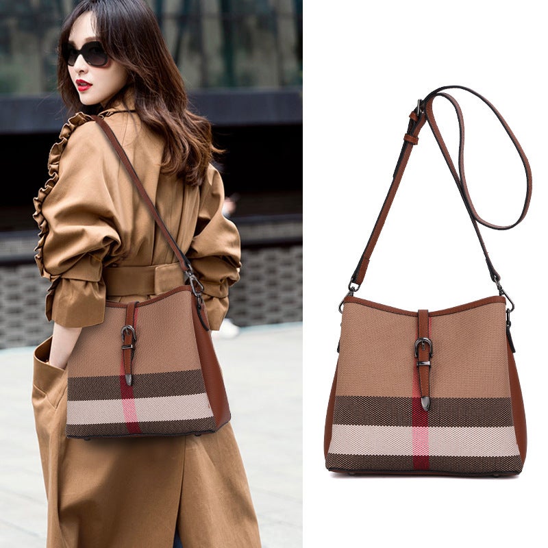 Qiandian Internet Celebrity High-End Canvas Plaid Bucket Bag For Women Double Shoulder Strap Fashion Versatile Single Shoulder Crossbody Bag - Image 2
