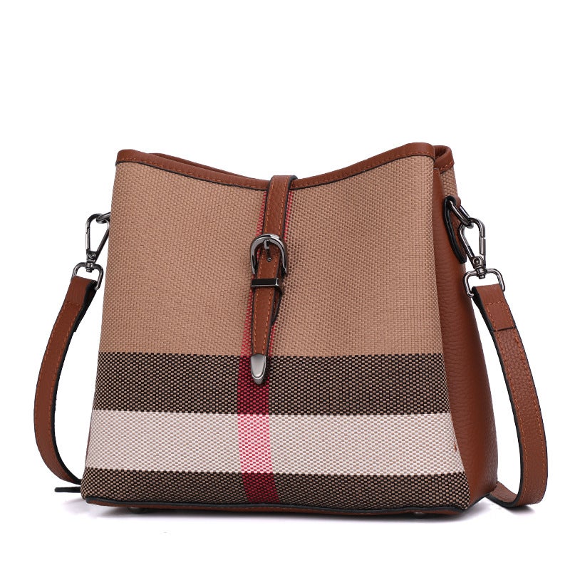 Qiandian Internet Celebrity High-End Canvas Plaid Bucket Bag For Women Double Shoulder Strap Fashion Versatile Single Shoulder Crossbody Bag - Image 5