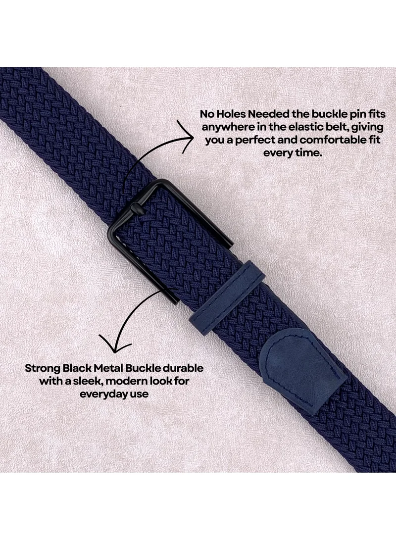 Classic Milano Blue (DWE-311) Classic Milano Braided Cotton Elastic Stretch Belt for Men & Women, Woven Canvas Web Belt with Gift Box, Adjustable Men's Belt | Full Length: 110CM (Free Size - Fits up to the waist of 40 Inches / 100 CM)  | Best Price UAE