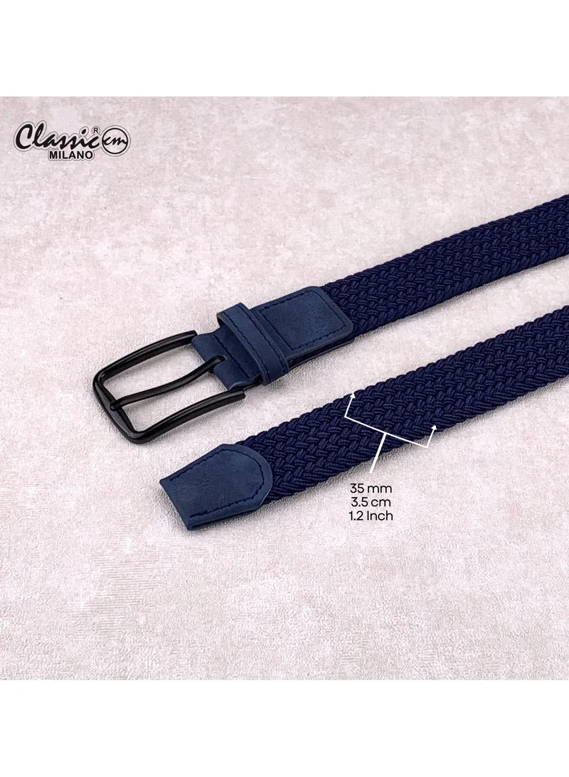 Classic Milano Blue (DWE-311) Classic Milano Braided Cotton Elastic Stretch Belt for Men & Women, Woven Canvas Web Belt with Gift Box, Adjustable Men's Belt | Full Length: 110CM (Free Size - Fits up to the waist of 40 Inches / 100 CM)  | Best Price UAE