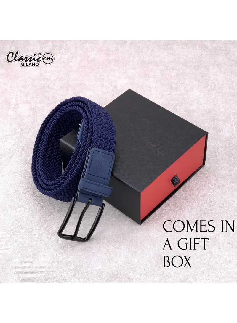 Classic Milano Blue (DWE-311) Classic Milano Braided Cotton Elastic Stretch Belt for Men & Women, Woven Canvas Web Belt with Gift Box, Adjustable Men's Belt | Full Length: 110CM (Free Size - Fits up to the waist of 40 Inches / 100 CM)  | Best Price UAE