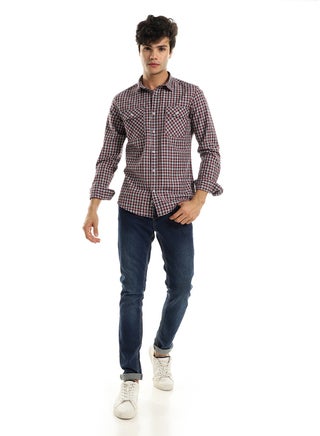 Dark Red Checkered Shirt with Front Pockets