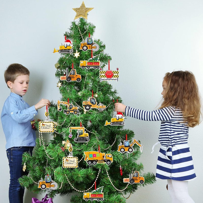 Amyhill 12 Pcs Christmas Construction Truck Vintage Excavator Christmas Ornament Excavator Decorations Wooden Xmas Ornaments Decorative Hanging Ornaments for Tree - Image 3