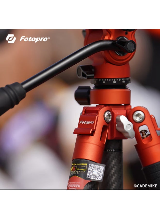 Fotopro رأس هيدروليكي فيديو Fotopro Air 3 Lite ثلاثي القوائم من ألياف الكربون للتصوير الفوتوغرافي والفيديو، برتقالي ناري، وزن 1 كجم، مشبك هاتف - Image 4