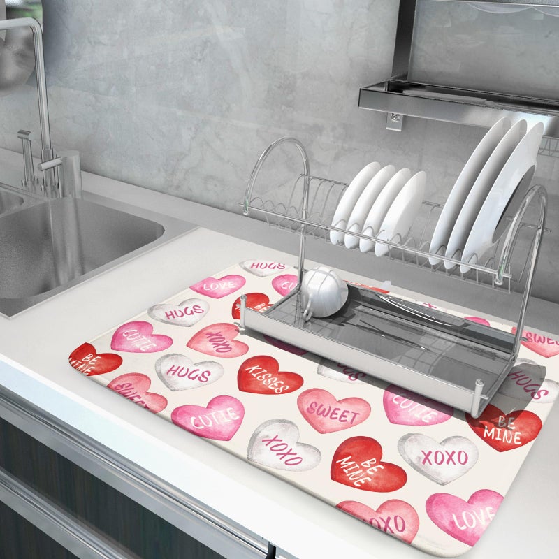 Aytipun Valentines Dish Drying Mat for Kitchen Counter 18x24 Red Pink Love Heart Valentine's Day Holiday Themed Absorbent Reversible Microfiber Drying Mats Kitchen Countertop Protector Dishes Drainer Pad - Image 5