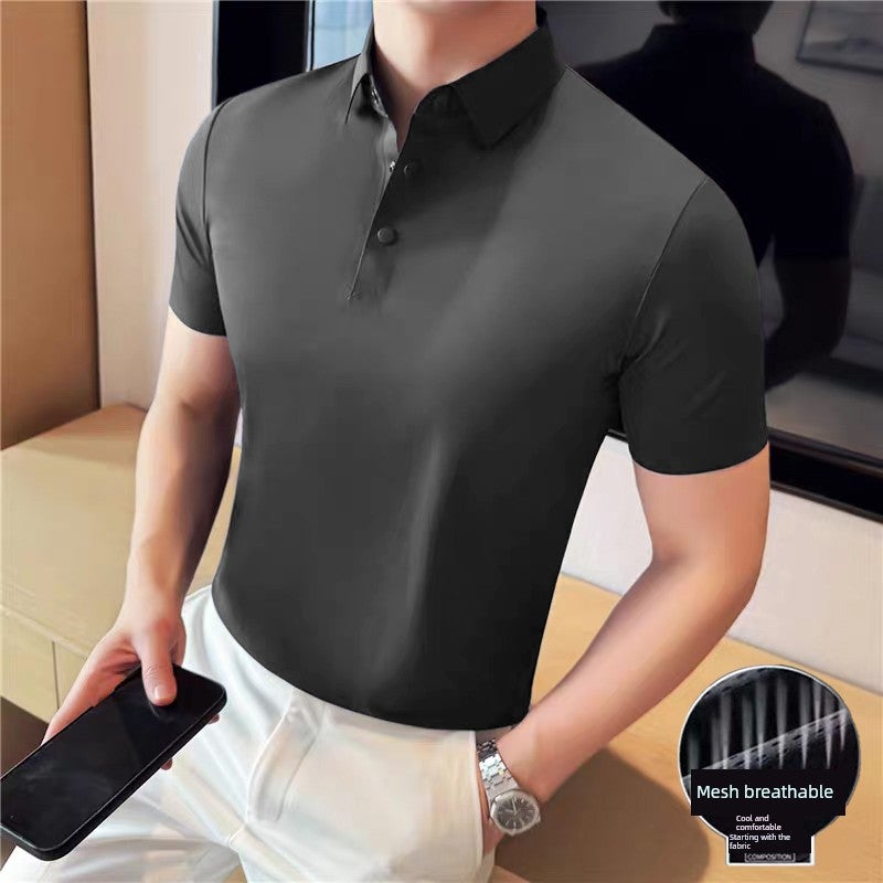Summer ice silk men's polo shirt lapel short-sleeved business solid color polo collar short-sleeved comfortable and versatile breathable - Image 3