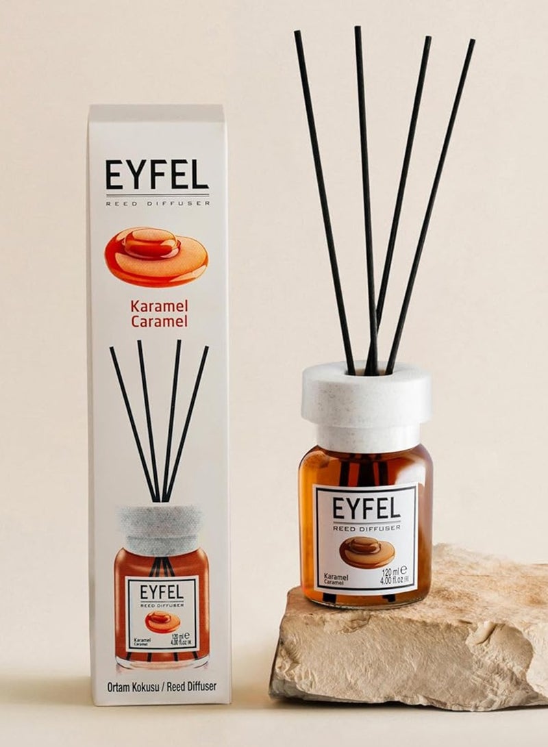 آيفيل موزع عطور أنيق من القصب (الكراميل) 120 مل | معطر منزلي مريح ويدوم طويلاً برائحة حلوة وجذابة | عطر منزلي فاخر مع 4 أعواد من الخيزران - Image 1