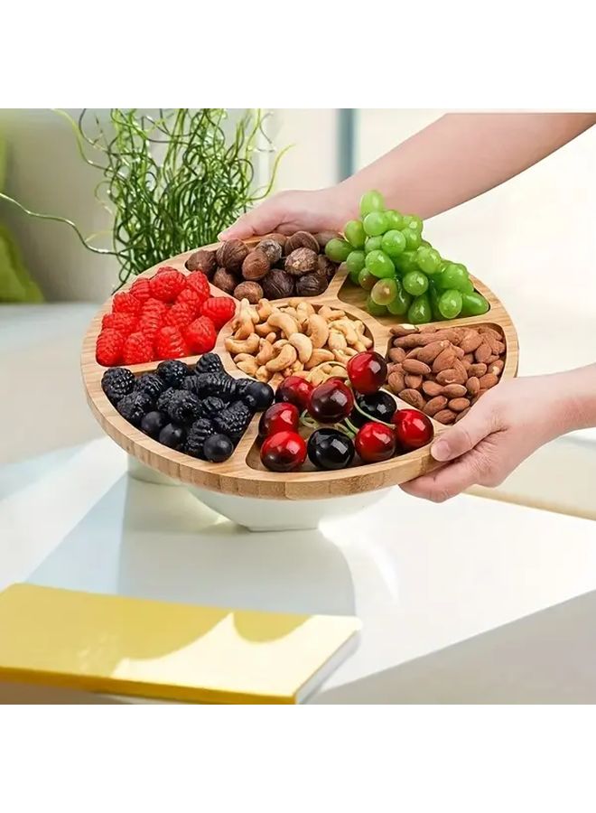 صينية خدمة مستديرة 30x30x1 مقسمة إلى 5 أقسام، صينية وجبات خفيفة متعددة الحجرات، أطباق فواكه ومكسرات وحلوى - Image 1