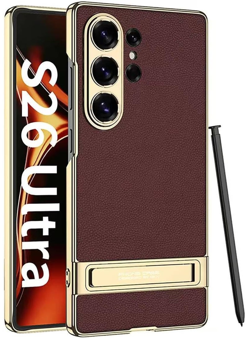 Ecosystem case Compatible with Samsung Galaxy S26 Ultra, Premium Protection Back Case with Camera protection Cover Built-in Stand Shockproof Case For Galaxy s26 ultra (Redwine, Lather Gold Frame) - Image 1