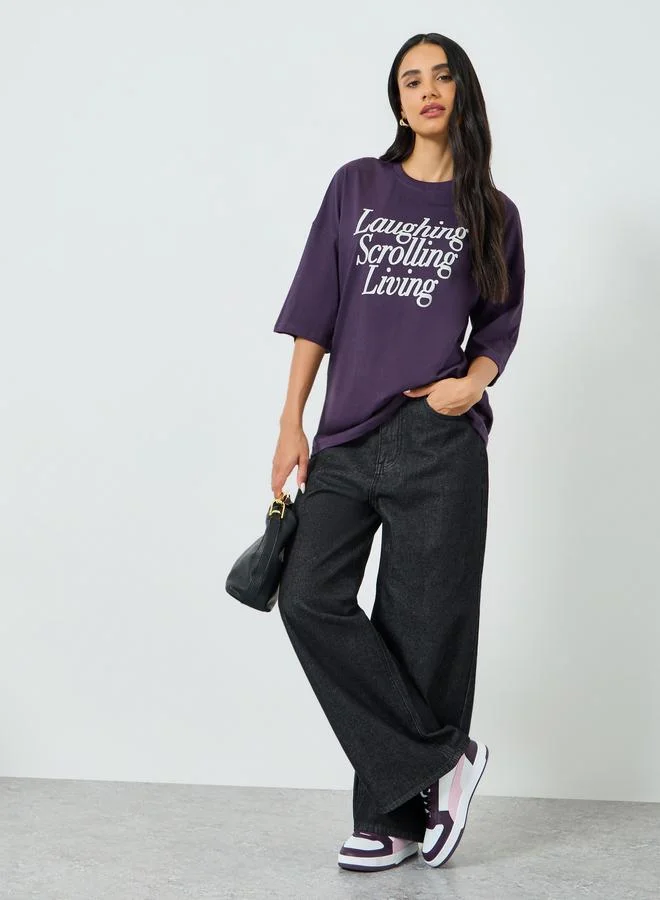 Styli Purple Slogan Print Oversized T-Shirt