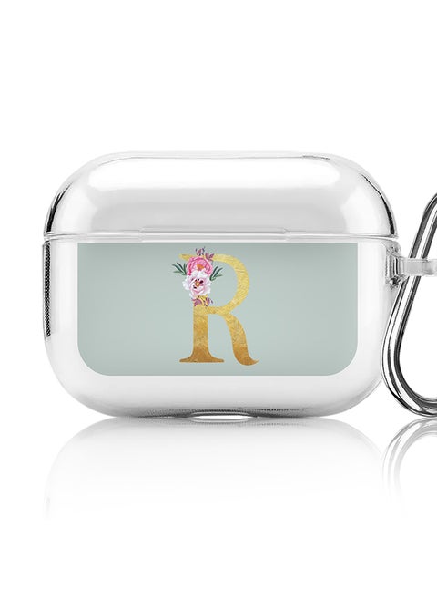 Classic Clear printed Case for Apple Airpods Pro Soft TPU Gel Thin Transparent Flexible Cover - Custom Monogram Initial Letter Floral Pattern Alphabet - R ( Light Green )