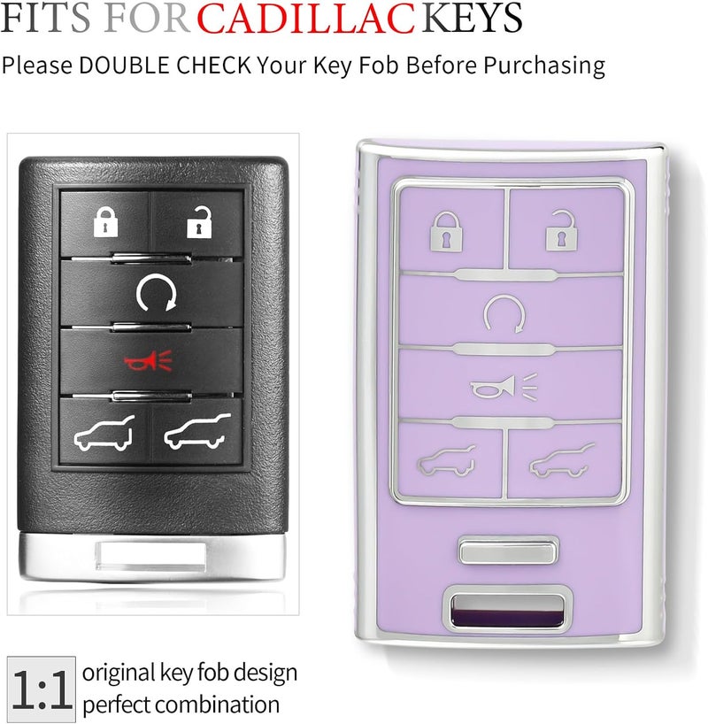 OFFCURVE Key Fob Cover for Cadillac, Soft TPU Car Key Case Protector for Cadillac SRX ATS ELR XTS 2010 2011 2012 2013 2014 2015 Keyless Entry Remote Control Start Car Key Accessories, Silver Purple - Image 2