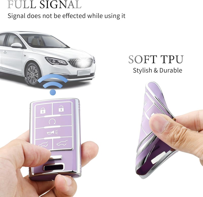 OFFCURVE Key Fob Cover for Cadillac, Soft TPU Car Key Case Protector for Cadillac SRX ATS ELR XTS 2010 2011 2012 2013 2014 2015 Keyless Entry Remote Control Start Car Key Accessories, Silver Purple - Image 5