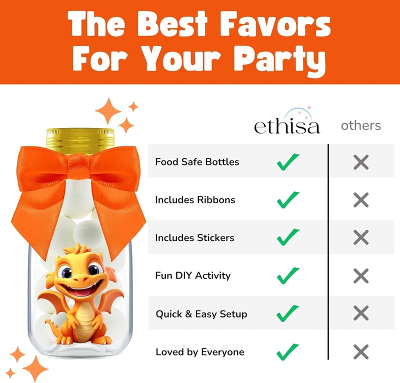 Ethisa Small 12 Pack Baby Dragon Party Favors - Candy Jars with Ribbons and Stickers - DIY Party Decoration Bottle for Birthday, Baby Shower and School Classroom - Egg Container for Toddlers and Kids - Image 5