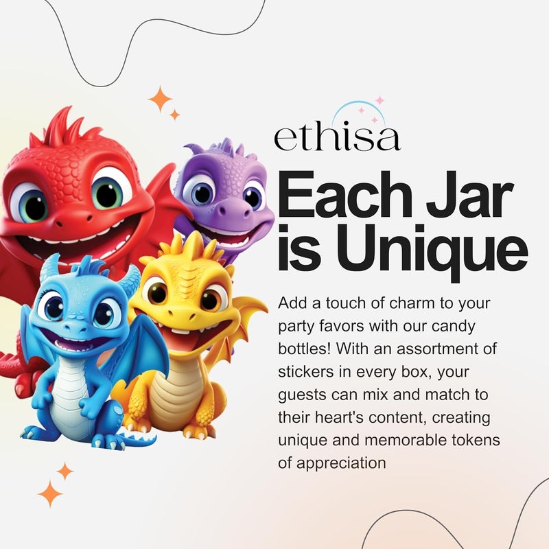 Ethisa Small 12 Pack Baby Dragon Party Favors - Candy Jars with Ribbons and Stickers - DIY Party Decoration Bottle for Birthday, Baby Shower and School Classroom - Egg Container for Toddlers and Kids - Image 3