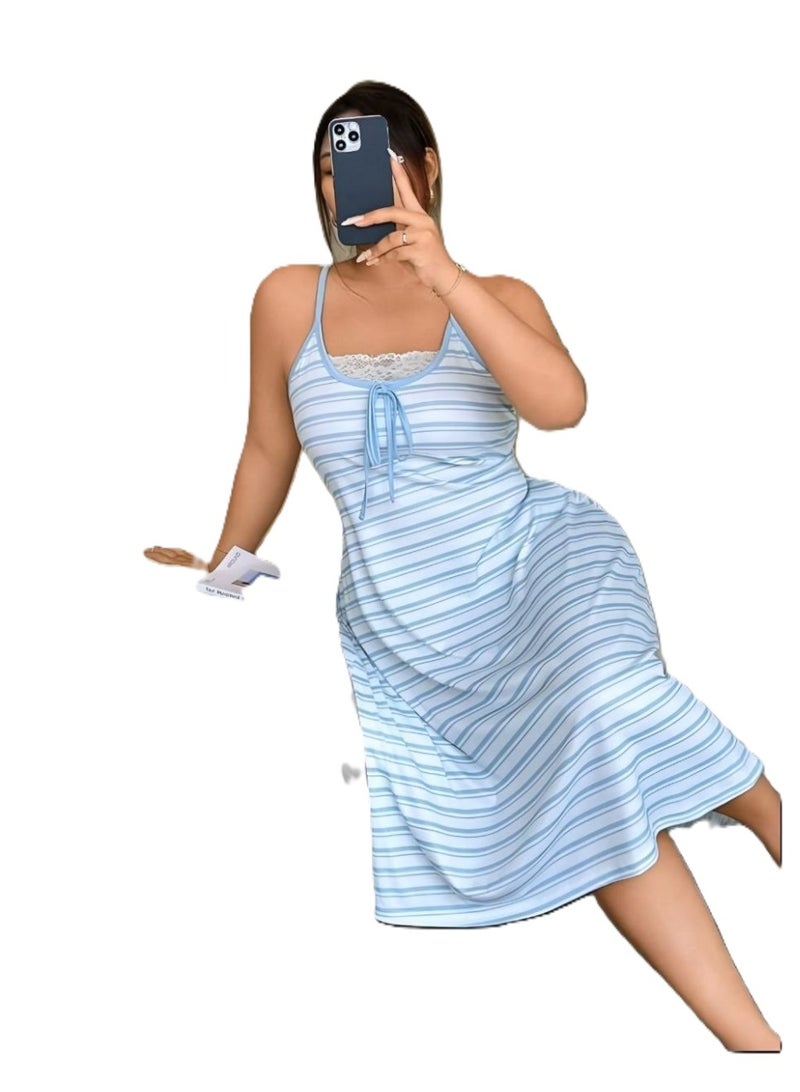 Comfortable Summer Sleepwear Striped Nightdress with Lace Detail - Image 5