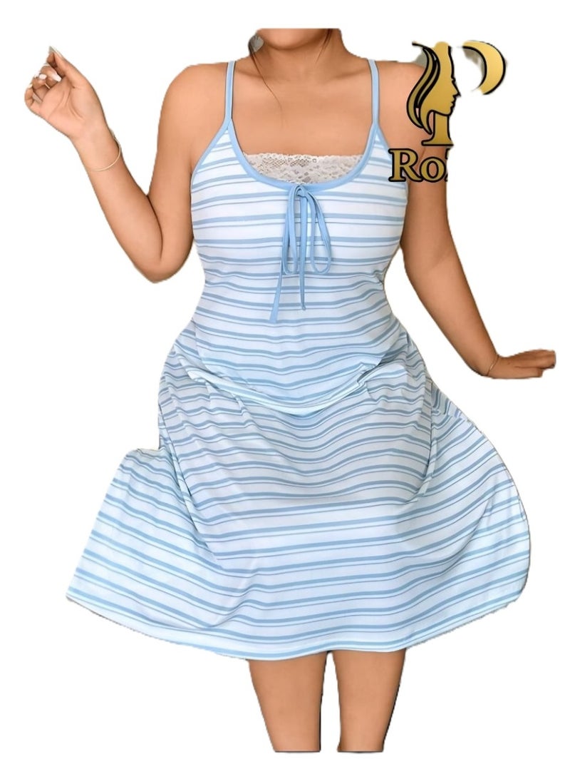 Comfortable Summer Sleepwear Striped Nightdress with Lace Detail - Image 4
