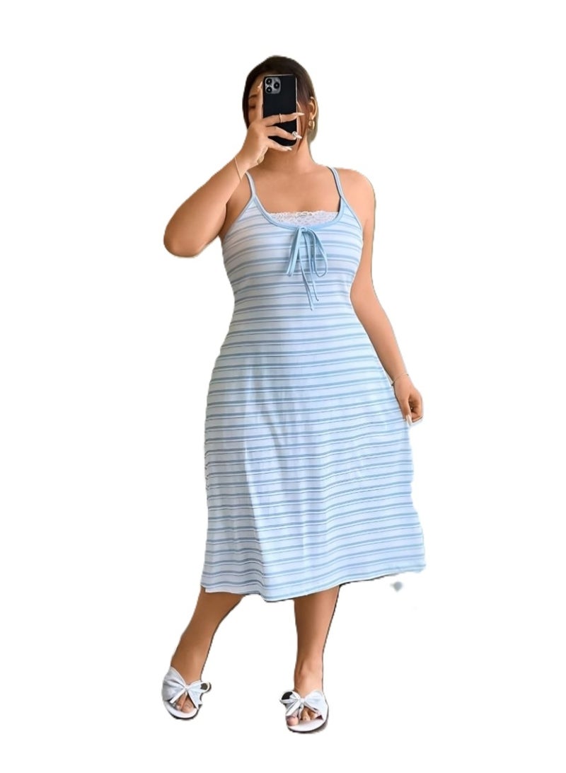 Comfortable Summer Sleepwear Striped Nightdress with Lace Detail - Image 3