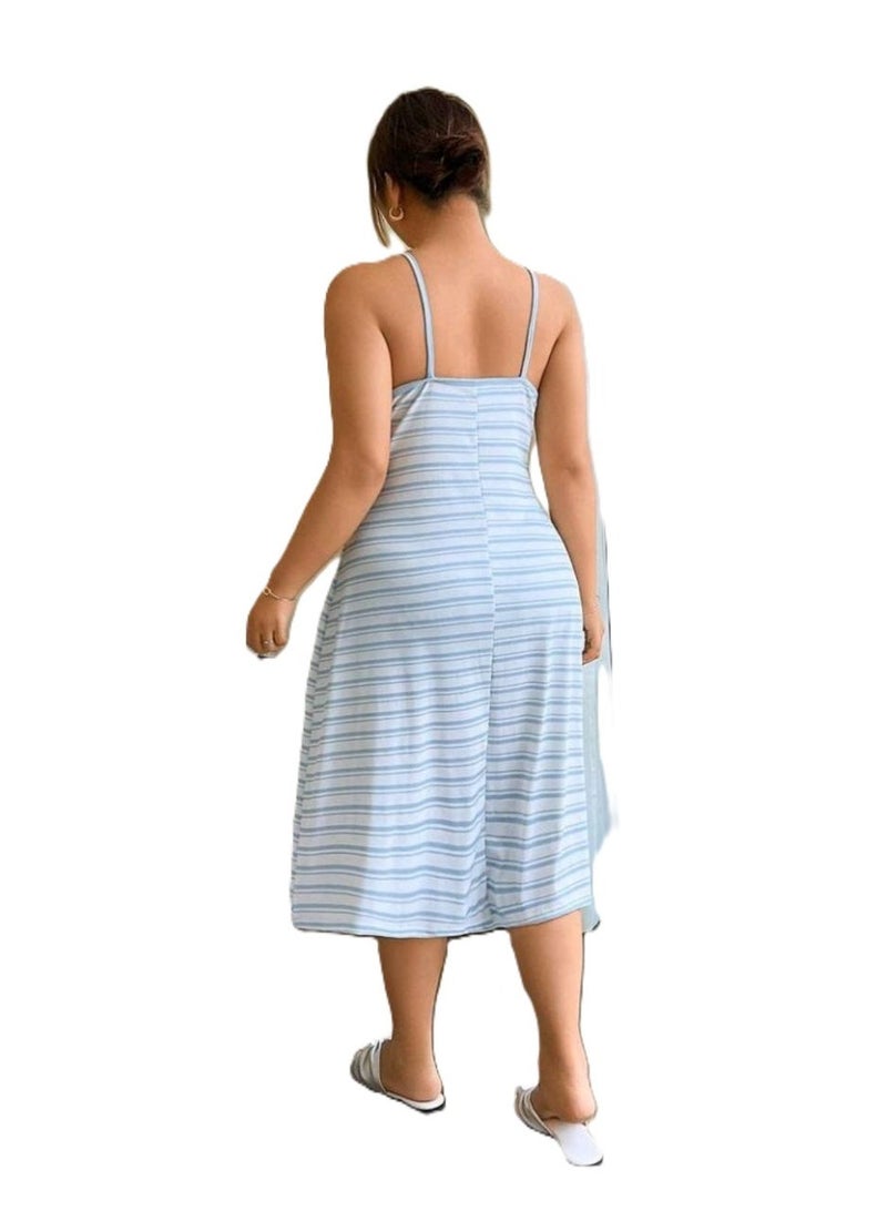Comfortable Summer Sleepwear Striped Nightdress with Lace Detail - Image 2