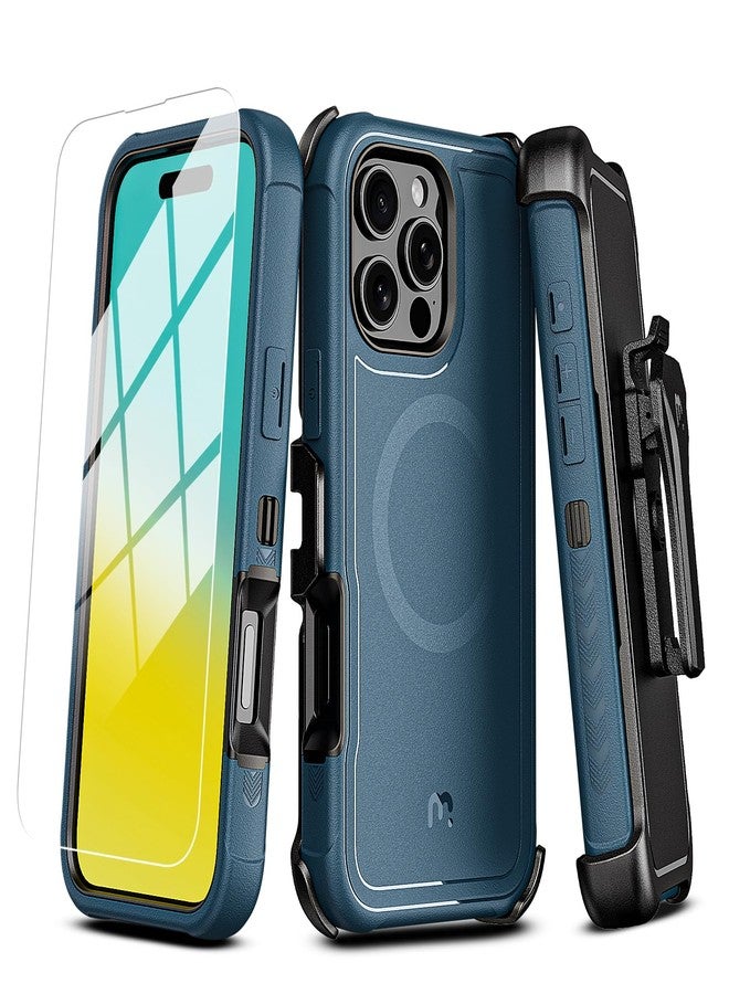 جراب M MYBAT PRO Maverick Series لهاتف iPhone 16 Pro Max مع مشبك حزام، [متوافق مع Magsafe] مع واقي شاشة، مقاوم للسقوط والصدمات، مع مسند قابل للدوران 360 درجة، حماية فائقة، لون أزرق - Image 1