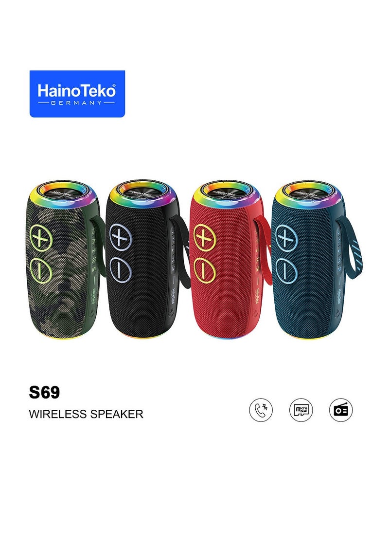 Haino Teko Portable Bluetooth Speaker with RGB Lights, Water Resistant, FM Radio and SD Slot - RED  - Image 3