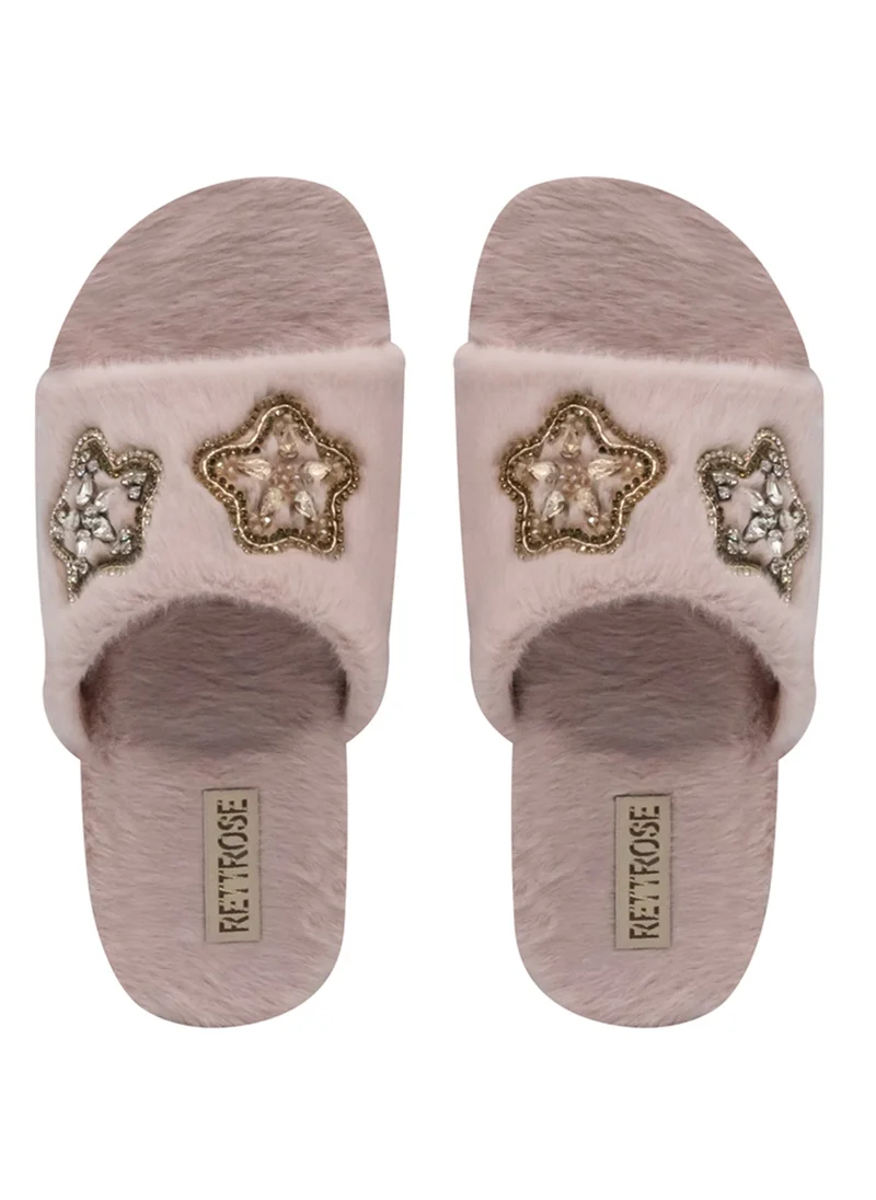 RETTROSE The Bailey Pink Luxury Plush Diamanté Embellished Handmade Slipper