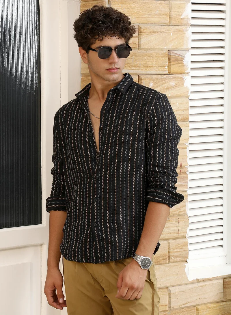 Campus Sutra Campus Sutra Men's Onyx Black Duo-Jacquard Striped Shirt | Spread Collar , Long Cuffed Sleeves , Button Closure , Curved Hem | Stripes Jacquard | Cotton Shirt For Casual Wear