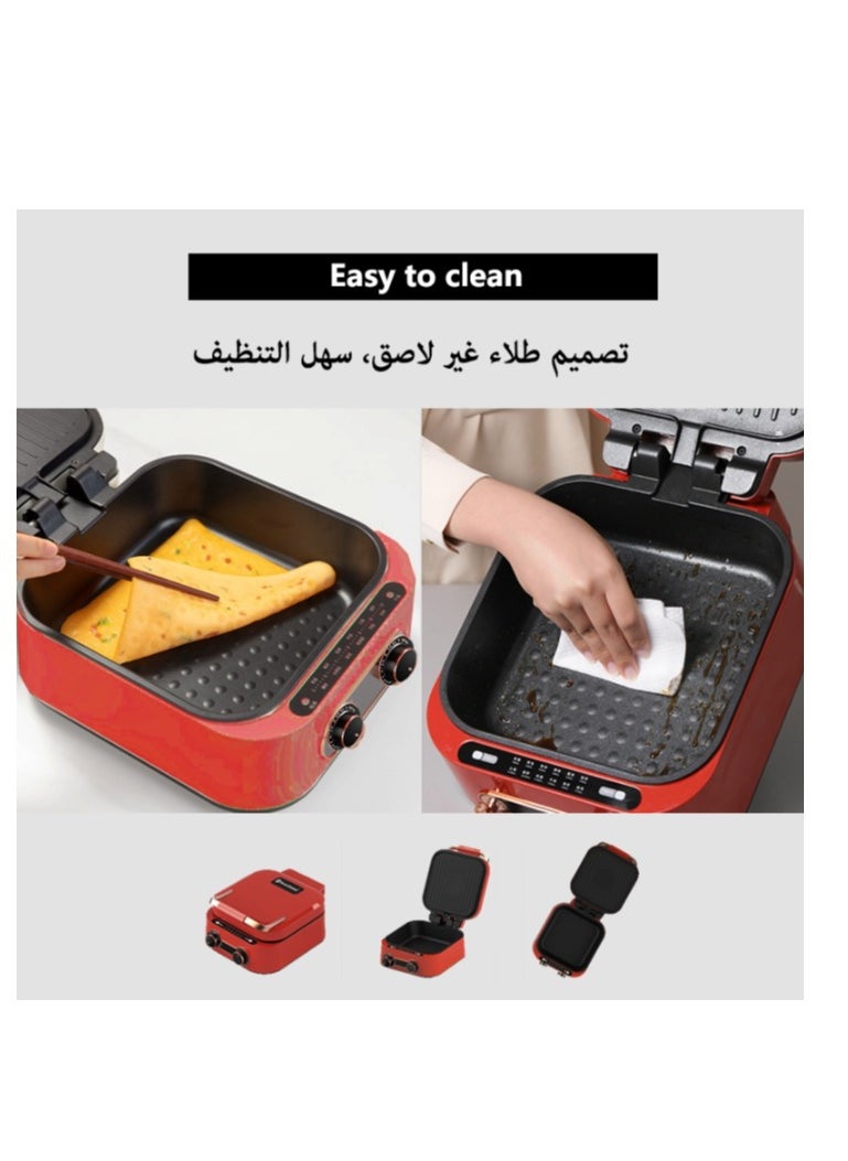 جيرزون - اللون الأحمر - مقلاة خبز كهربائية وآلة طهي ذات ارتفاع عميق وسعة كبيرة، 6 وظائف، يمكن القلي والخبز والغلي والبخار والطهي والتنظيف - Image 1