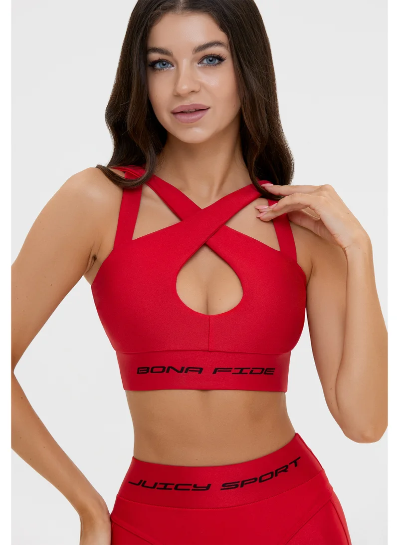 Bona Fide Premium High Impact Sports Bra for Women - Stylish Cross-Front Gym Top with High Support for Fitness, Running & Yoga - Breathable Athletic Push Up Workout Crop Top - Vibrant Red/Beige