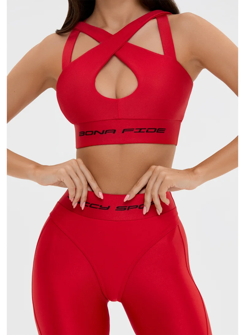Bona Fide Bona Fide Premium High Impact Sports Bra for Women - Stylish Cross-Front Gym Top with High Support for Fitness, Running & Yoga - Breathable Athletic Push Up Workout Crop Top - Vibrant Red/Beige
