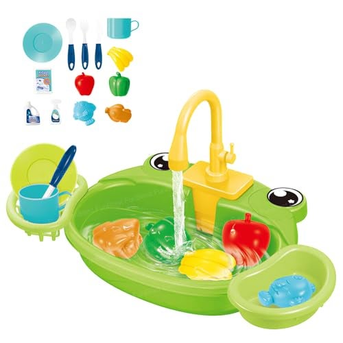FunBlast Kids Frog Theme Kitchen Sink Play Set with Running Water – Vegetable & Dish Washing Toy Set with Utensils and Faucet for Kids Role Play & Learning - Image 1