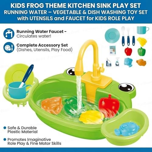 FunBlast Kids Frog Theme Kitchen Sink Play Set with Running Water – Vegetable & Dish Washing Toy Set with Utensils and Faucet for Kids Role Play & Learning - Image 4