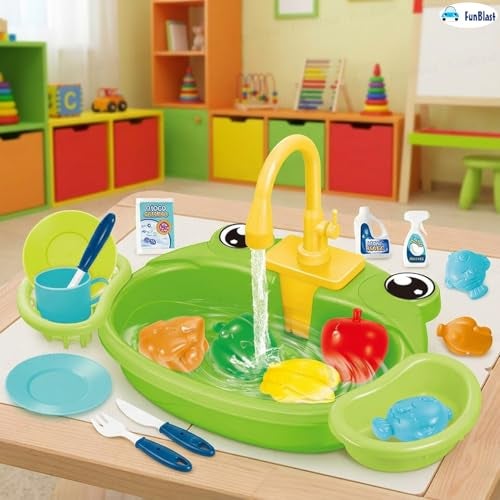 FunBlast Kids Frog Theme Kitchen Sink Play Set with Running Water – Vegetable & Dish Washing Toy Set with Utensils and Faucet for Kids Role Play & Learning - Image 3