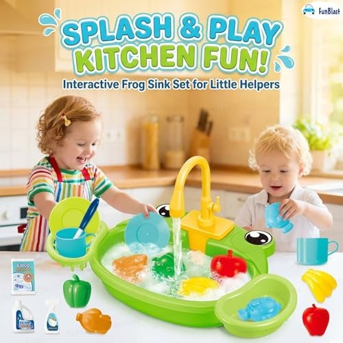 FunBlast Kids Frog Theme Kitchen Sink Play Set with Running Water – Vegetable & Dish Washing Toy Set with Utensils and Faucet for Kids Role Play & Learning - Image 5