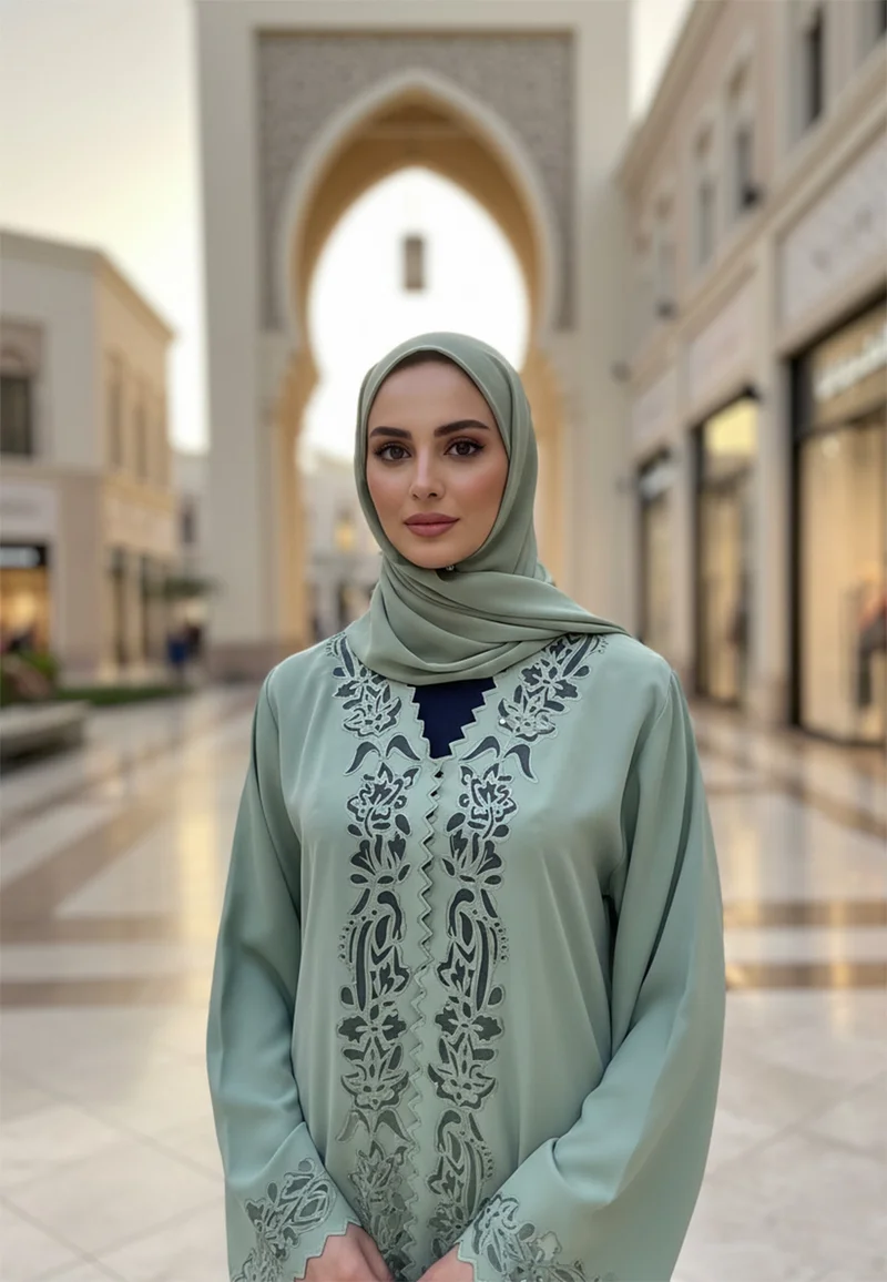 Nukhbaa  Soft Sage Green Abaya with Tonal Embroidered Panel | Nida Fabric-800 for Women | Best Price UAE