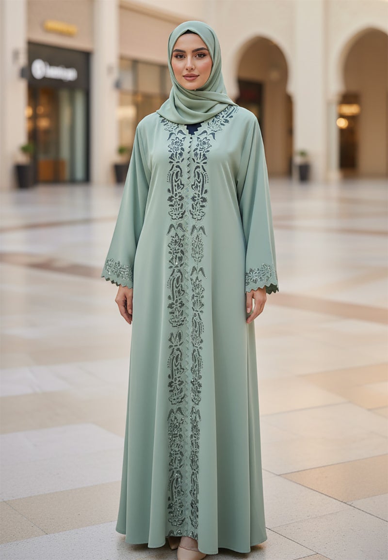NUKHBAA Soft Sage Green Abaya with Tonal Embroidered Panel | Nida Fabric-800 - Image 1
