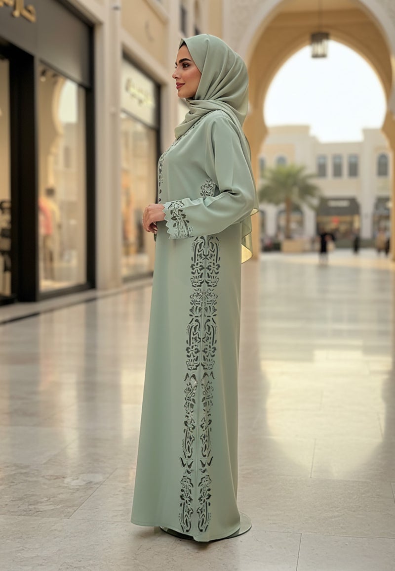 NUKHBAA Soft Sage Green Abaya with Tonal Embroidered Panel | Nida Fabric-800 - Image 2