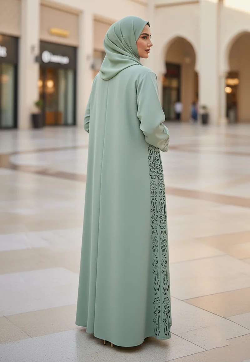 Nukhbaa  Soft Sage Green Abaya with Tonal Embroidered Panel | Nida Fabric-800 for Women | Best Price UAE