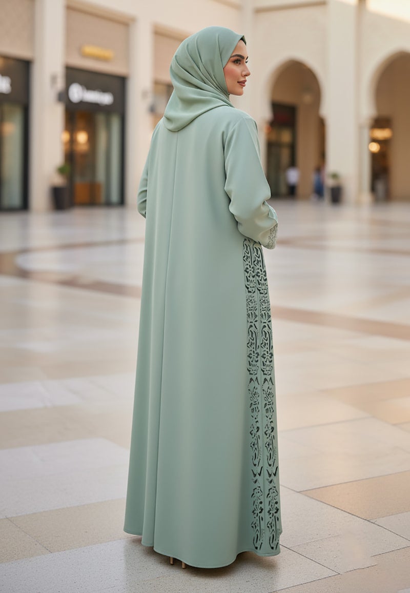 NUKHBAA Soft Sage Green Abaya with Tonal Embroidered Panel | Nida Fabric-800 - Image 4