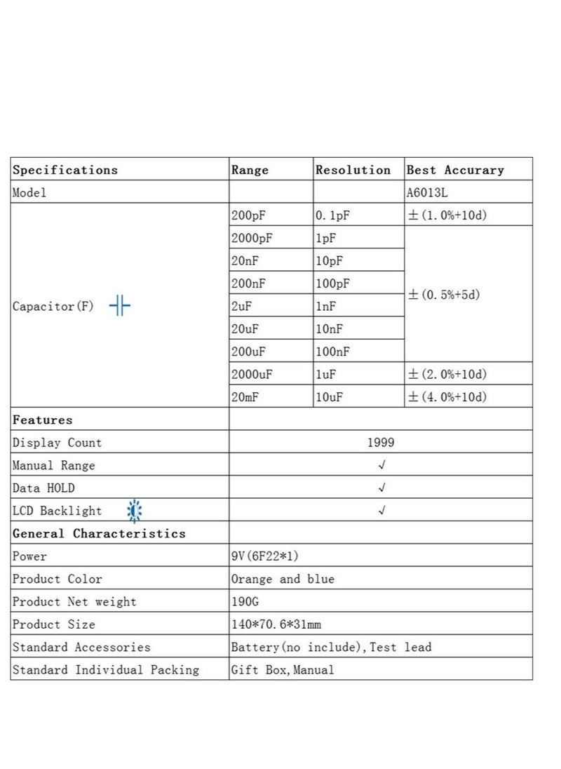 Y&D - Digital Capacitance Meter Multimeter Professional A6013L Capacitor Tester Measures Voltage Current Resistance Diodes Continuity Duty-Cycle Temperature - Image 1