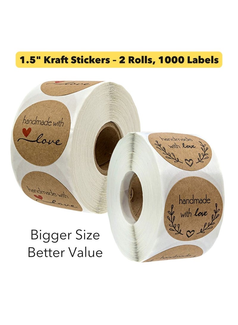 1000pcs 1.5 inch / 3.8cm Kraft “Handmade with Love” Stickers – 2 Rolls (500 Each), Round Labels in 2 Cute Designs, Natural Brown Paper for Packaging, Gift Wrapping, Small Business, Baking & Handmade Goods - Image 1