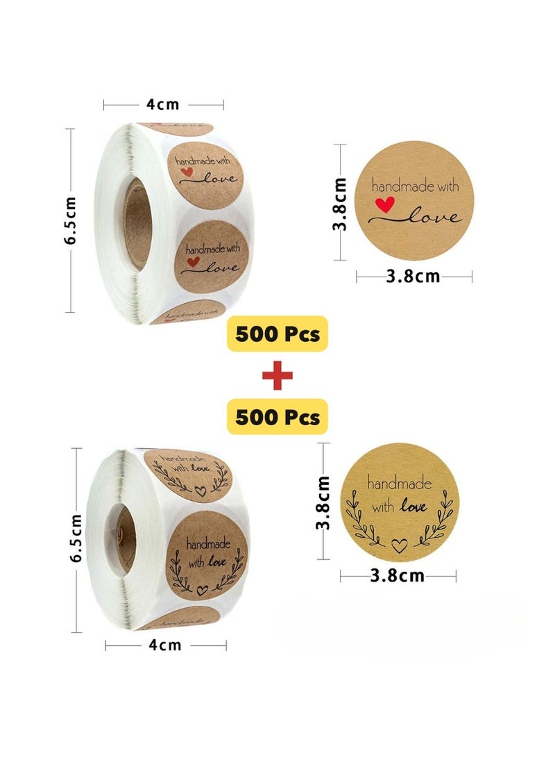 1000pcs 1.5 inch / 3.8cm Kraft “Handmade with Love” Stickers – 2 Rolls (500 Each), Round Labels in 2 Cute Designs, Natural Brown Paper for Packaging, Gift Wrapping, Small Business, Baking & Handmade Goods - Image 4