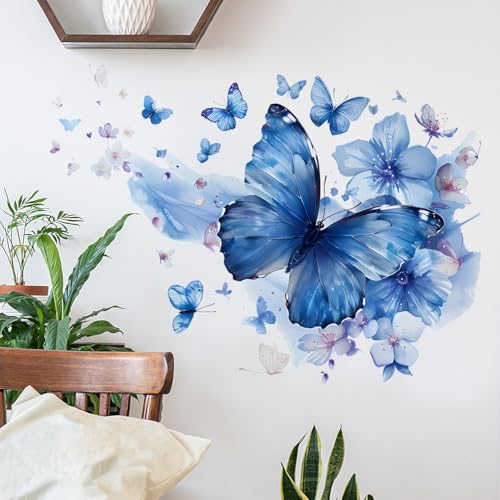 RAINBOW WSK Blue Butterfly Wall Decals Removable Butterfly Flower Wall Stickers Peel and Stick Butterflies Wall Decor Stickers for Kids Girls Bedroom Nursery Bathroom Decorations MK3155 - Image 2