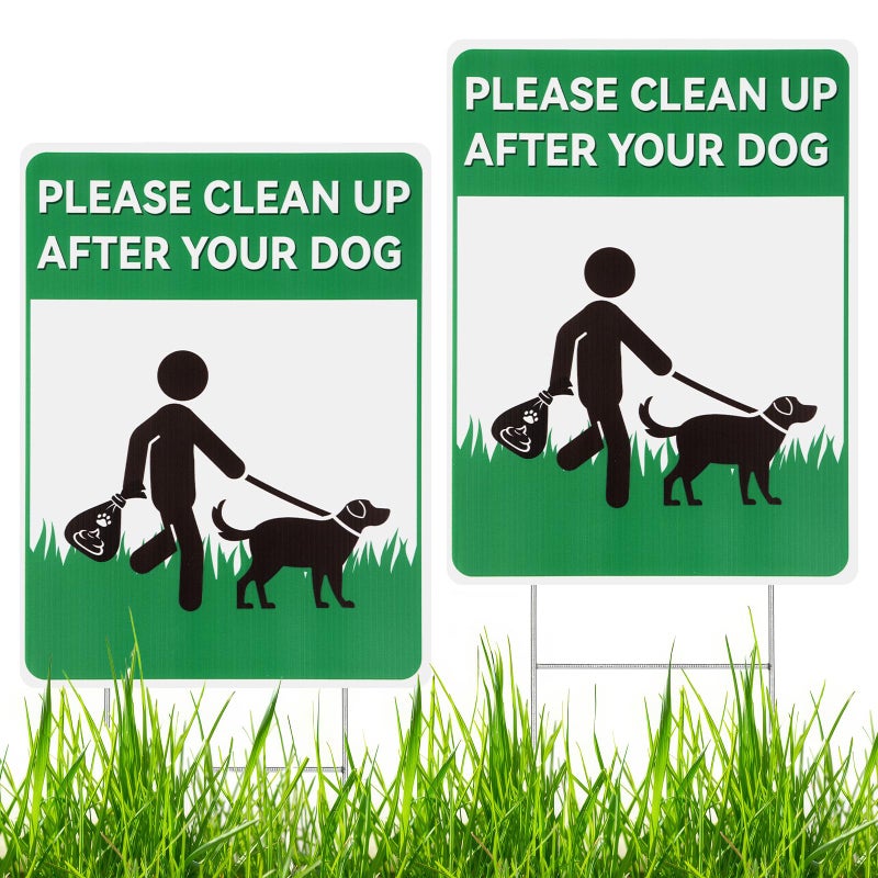 Opvixi 2 Pack Clean up After Your Dog Signs, 12.6" x 9.5" No Pooping Dogs Signs with Metal H-Stakes, Double-sided Pick up After Your Dog Sign for Yard, Lawn - Image 1