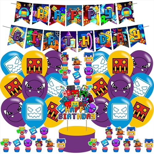 karg Geometry Dash Birthday Party Decorations ,Geometry Dash Birthday Party Favor with Banner, Ballons,Cake Topper, Cupcake Toppers for Boys Girls Fans Geometry Dash Party Supplies, Purple - Image 4